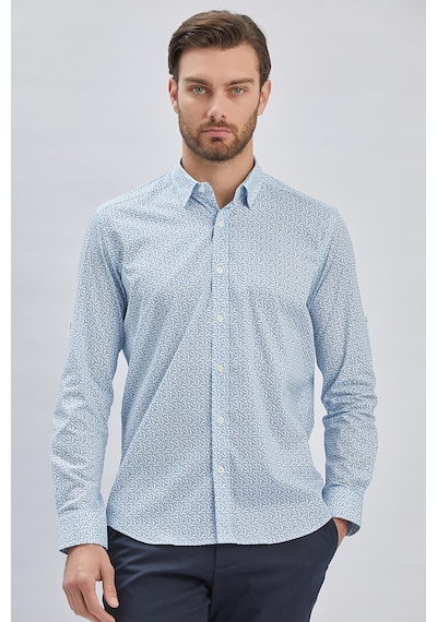 İmza Mavi Kısalabilir Kol Baskılı Düğmeli Yaka Cepsiz %97 Pamuk %3 Elastane Klasik Slim Fit Gömlek 1004240116-mavi Mavi
