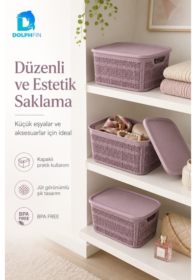 Jute Kapaklı Saklama Kutusu 5 L Plastik Mutfak Kiler Dolap İçi Organizer Mor
