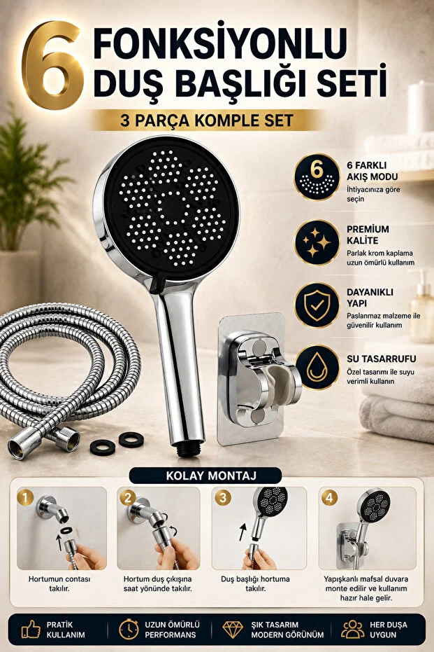 Duş Başlığı 6 Fonksiyonlu Çelik Hortum Yapışkanlı Mafsal Seti Krom