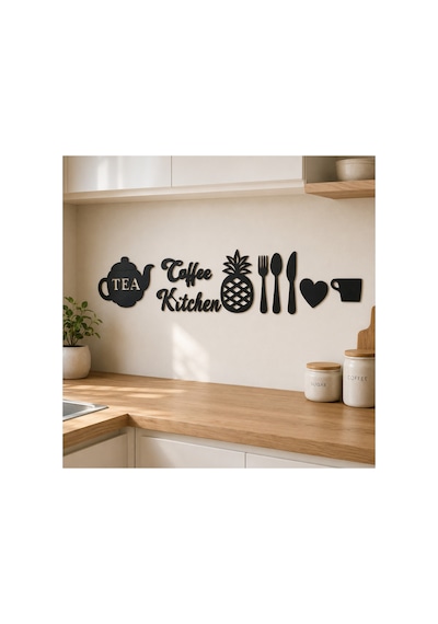 Arliadesign 9 Parça Dekoratif Mutfak Duvar Süsü 60 30 Cm Siyah Mdf Coffee Kitchen Çaydanlık Çatal Kaşık Seti