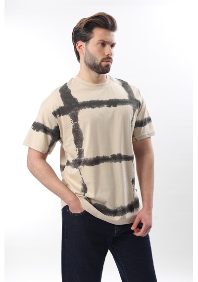Madmext Bej Bisiklet Yaka Baskılı Basic Erkek T-shirt E7109 Bej