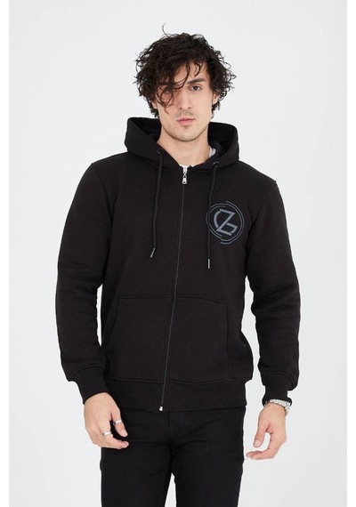 Mbb E-ticaret Erkek 3 İplik Pamuklu Fermuarlı Kapüşonlu Kanguru Cepli Baskılı Hoodie Hırka Sweatshirt - Siyah