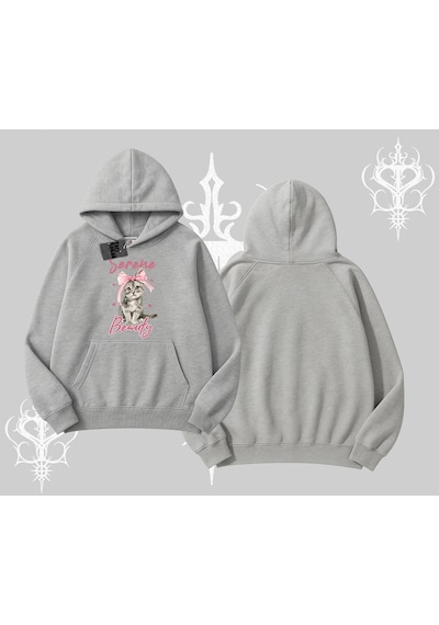 Serene Beauty Kedi Baskılı Kapşonlu Sweatshirt Gri