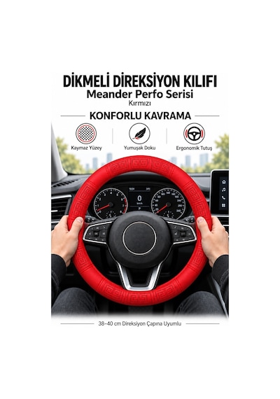 Trobus Jeep Grand Cherokee 2011-2021 Uyumlu Dikmeli Direksiyon Kılıfı Meander Perfo Kırmızı