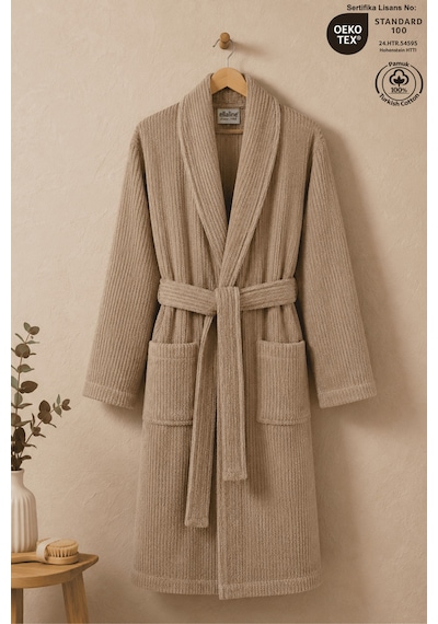 Bej Çizgili Bornoz %100 Sertifikalı Pamuk Şal Yaka Unisex Banyo Bornoz / Sabahlık 340 Gr/m2