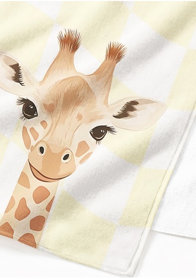 Zürafa Figürlü Sarı Ekose Çocuk Plaj Havlusu - Safari Temalı Pastel Hızlı Kuruyan Mikrofiber Havlu Pastel Çayı