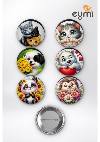 Sevimli Bebek Hayvanlar Kedi Köpek Panda Çanta Süsü Rozet İğneli Buton Rozet Seti 58 Mm 6'lı Çok Renkli