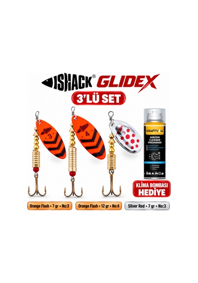 Fishack Glidex 3'lü Döner Kaşık Seti + Klima Bombası - Orange Flash 7 Gr No:3 + Orange Flash 12 Gr No:4 + Silver Red 7 Gr No:3