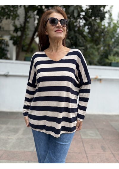 DenizEge İtalyan Yün Angora Çizgili Triko Lacivert