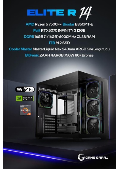 Game Garaj Elite R14 R5-7500F 16 GB 1 TB SSD RTX5070 Dos Masaüstü Oyuncu Bilgisayarı