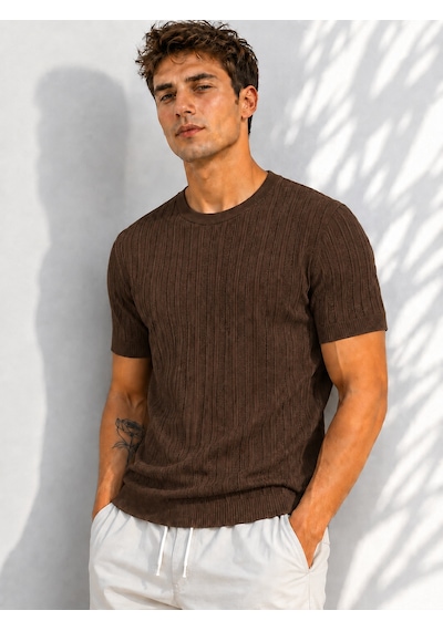 Ribana Erkek Bisiklet Yaka Kısa Kollu Esnek Örme Triko T-shirt 26091 Kahverengi