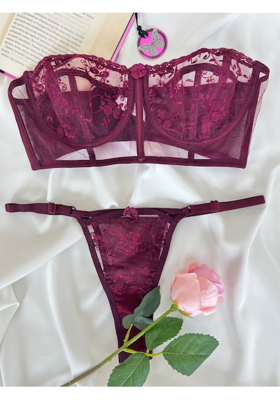 Arinda Candice Bordo Çiçek Desenli Brode İşlemeli Tek Renk Balenli Kapsız Askıları Çıkarılabilir Bralette Sütyen Tanga Alt Üst İç Çamaşırı Takımı 2 Parça Arinda Candice Bordo Çiçek Desenli Brode İşlemeli Tek Renk Balenli Kapsız Askıları Çıkarılabilir Bralette Sütyen Tanga Alt Üst İç Çamaşırı Takımı 2 Parça
