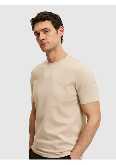 Bej Slim Fit Modal Karışımlı Bisiklet Yaka Basic T-shirt