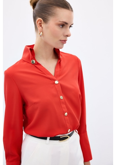 Sateen Çıt Çıt Detaylı Gömlek - Kırmızı-136558 Kırmızı