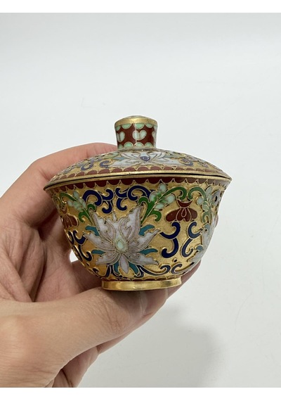Antika Cloisonne Kapaklı Şekerlik 7x8cm Sarı