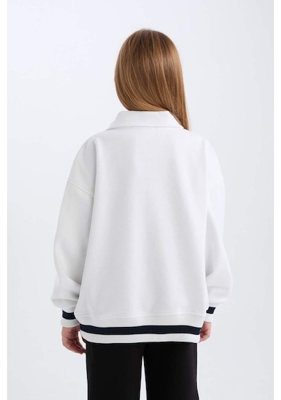 DeFacto Kız Çocuk Oversize Geniş Kalıp Polo Yaka Baskılı İçi Yumuşak Tüylü Sweatshirt D3497A824WNWT34 Beyaz