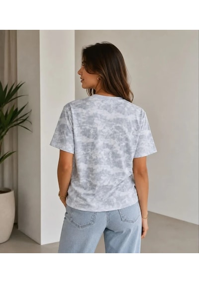 Efnaz Style Batik Desenli Tişört Bisiklet Yaka Kısa Kol Regular Fit T-shirt - Gri