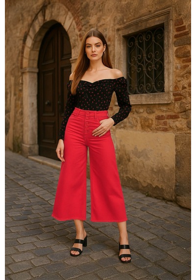 Blue White Kadın Püskül Detaylı Culotte Pantolon Kırmızı