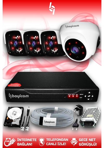 Bayicam 4 Kameralı Panda 1 İç Kamera Set 2 TB HDD Full HD Gece Görüşlü Güvenlik Kamerası Sistemi