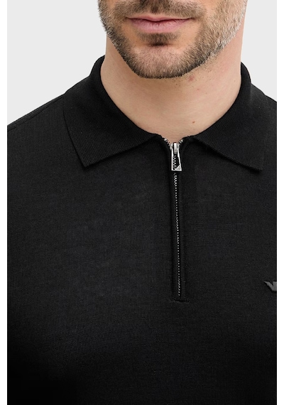 Emporio Armani Logolu % 100 Yün Yarım Fermuarlı Polo Erkek Polo Em004381 Af23421 Uc001 Siyah