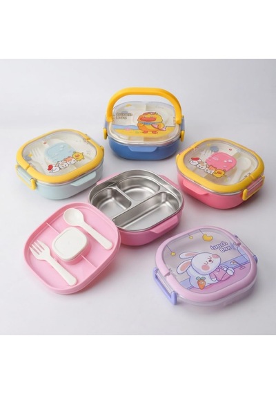 700 Ml Paslanmaz Çelik Yemek Kabı, 3 Bölmeli Kilitli Lunch Box, Çatal Kaşık Dahil Renkli Desenli Saklama Ve Taşıma Kabı Çok Renkli