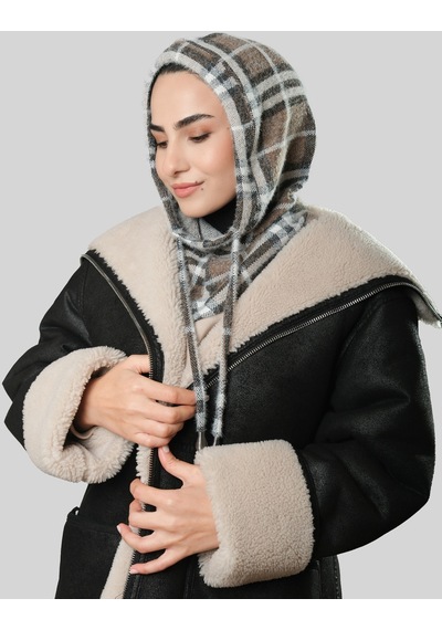 Hürrem Bone Vizon Bağcıklı Salaş Balaklava Boyunluklu Bere Jakar Ekoseli 2324 10 Vizon
