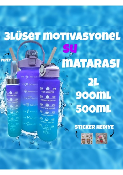3'lü Set Bpa İçermez Motivasyonel Mor Su Mataraı,su Şişesi 2lt,7