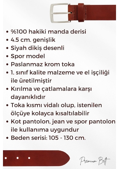 Süzer Deri 4.5 Cm Spor %100 Hakiki Manda Derisi Lüks Kemer Siyah Dikiş Desenli Siyah