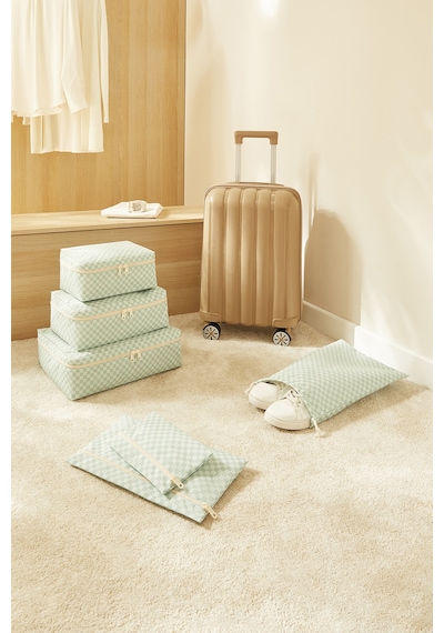 Ocean Home Textile 6'lı Mint Dama Desen Pamuklu Bavul İçi Düzenleyici Set Mint
