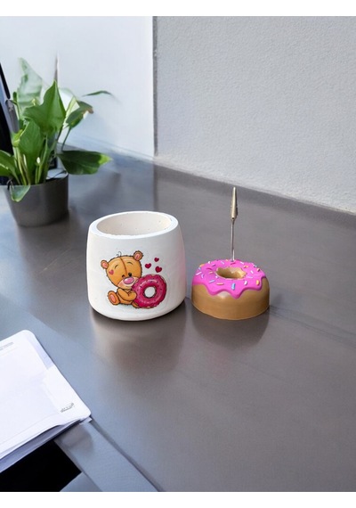 Donut Temalı Tutacak Ve Kalemlik Fotoğraf Not Tutucu Ofis Masası Tutacak Hediyelik 3lü Set