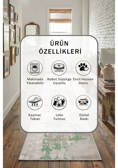 Ceren Yeşil Dijital Baskılı Kaymaz Yıkanabilir Yolluk