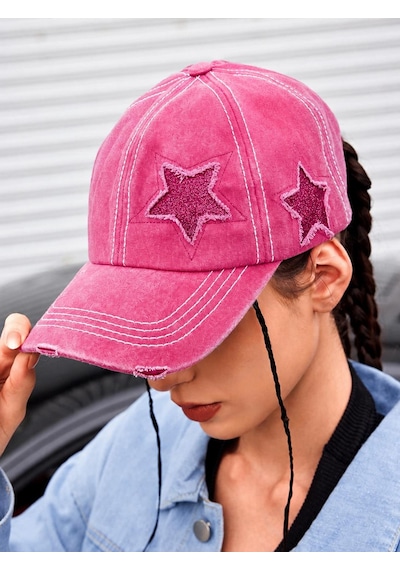 Valkyrie Vintage Pembe Yıldız Nakışlı Şapka Unisex Eskitme Baseball Cap Ayarlanır Pamuk Günlük Şapka