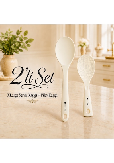 Sariva Home Ivory Silikon Xl Large Servis Kaşığı Ve Pilav Kaşığı 2'li Set Yapışmaz Tencere Uyumlu Isıya Dayanıklı Mutfak Servis Seti Ivory
