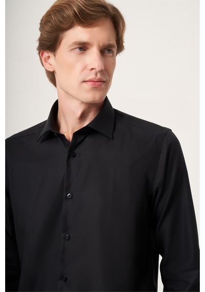 İmza Siyah İtalyan Yaka Oxford Slim Fit Kolay Ütü Pamuklu Gömlek 1004265270