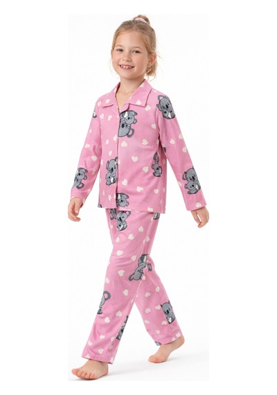 Free Beka Pembe Koala Desenli Uzun Kollu Önden Düğmeli Gömlek Yaka Anne Kız Pijama Takımı Kombin