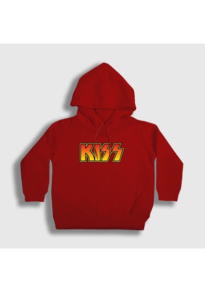 Presmono Unisex Çocuk Logo Kiss Kapüşonlu Sweatshirt Kırmızı