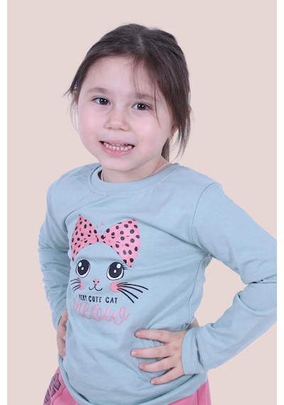 3'lü Cat Meow-hug And Kisses-cute Cat Baskılı Kız Çocuk Uzun Kol Mint Yeşil-gri-kırmızı Sweatshirt Çok Renkli