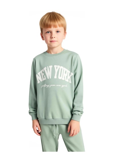 Frm Kız Çocuk Pamuklu New York Baskılı Örme Sweatshirt Ve Eşofman Alt Mint