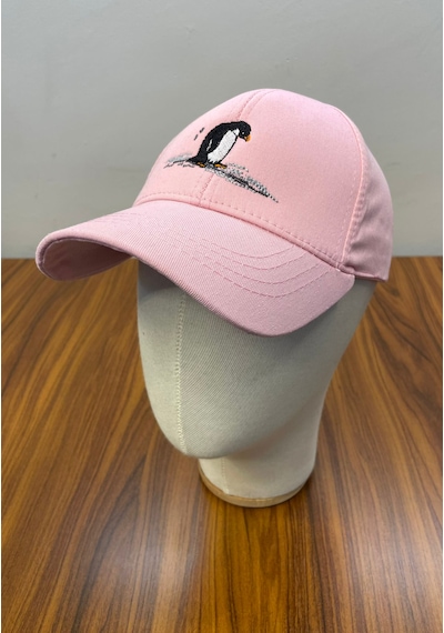 Penguen Nakışlı Gabardin Kumaş Unisex Cap Şapka Pembe