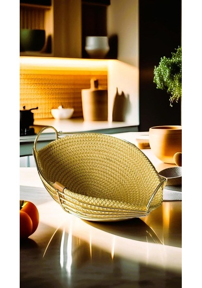 Singl Gold Metal Sandal Ekmeklik Ve Meyvelik Lüx Örgü Oval Ekmek Sepeti Sarı