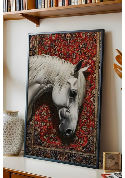Beyaz At Ve Geleneksel Kilim Desenli Çerçeveli Tablo - Ramazan Özel Seri Etnik Duvar Dekoru Siyah