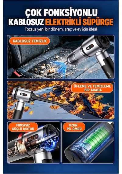 Duoforcevac 22000pa Güçlü Portatif Taşınabilir Vakumlu Kablosuz Üflemeli Mini Araç Süpürgesi, Sıyah Diğer
