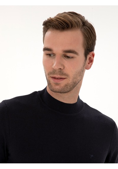 Cacharel Lacivert Slim Fit Pamuk Karışımlı Çeyrek Balıkçı Yaka Basic Triko Kazak