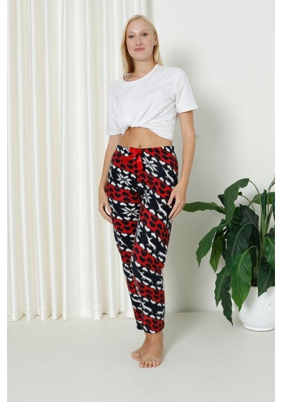 Farya Home Luxury Soft Welsoft Polar Desenli Kurdeleli Kışlık Pijama Altı Pantolon Lacivert Kırmızı Lacivert - Kırmızı