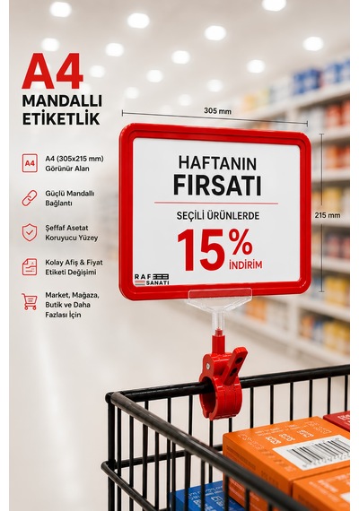 A4 Mandallı Fiyatlık Etiketlik Sepet Raf Askılık Fiyat Etiketi Çerçeveli Market Mağaza Kırmızı