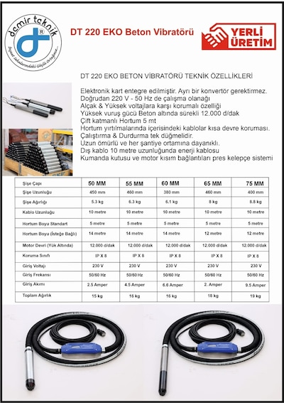 Demir Teknik DT 220 Eco Kendinden Konvertörlü 50 MM Beton Vibratörü