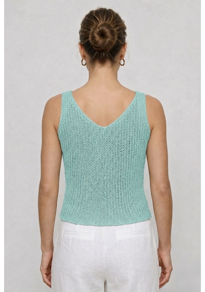 Neden Tekstil Twist Knot Detaylı Premium Kadın Triko Bluz V Yaka Örgü Dokulu Şık Crop Tasarım - Turkuaz