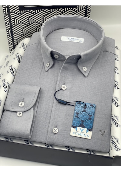 Slim Fit Uzun Kol Müslin Pamuk Rahat Nefes Alabilen Kumaştan Yaka Düğmeli Hediye Kutulu Erkek Gömlek Fs-004202 - Gri-2868