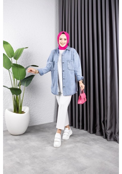 Harman Butik Kadın Taş Detaylı Kar Yıkamalı Denim Kot Ceket Mavi Mavi