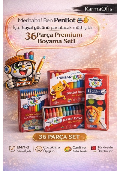 36 Parça Boyama Seti 12 Li Pastel, 12 Li Kuru Boya, 12 Li Sulu Boya Tamamı Yerli Üretim